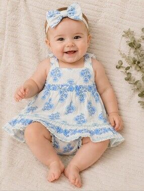 Haute Hippie Baby 6–9M Blue White Floral Dress Set NWT Boho Cottagecore Bloomers